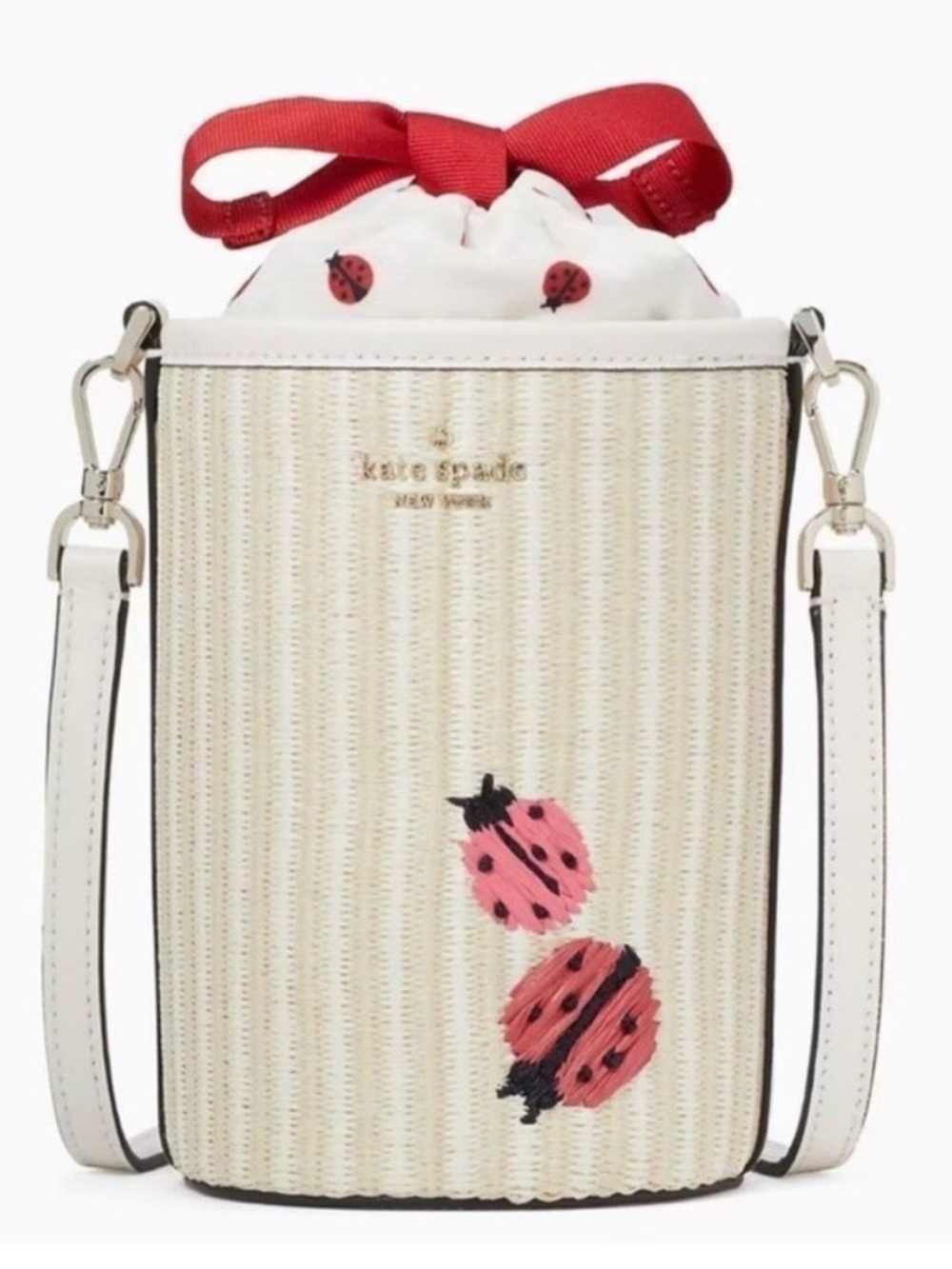 NWT Kate Spade Cream Woven Cylinder Crossbody with Pink Ladybug Accents